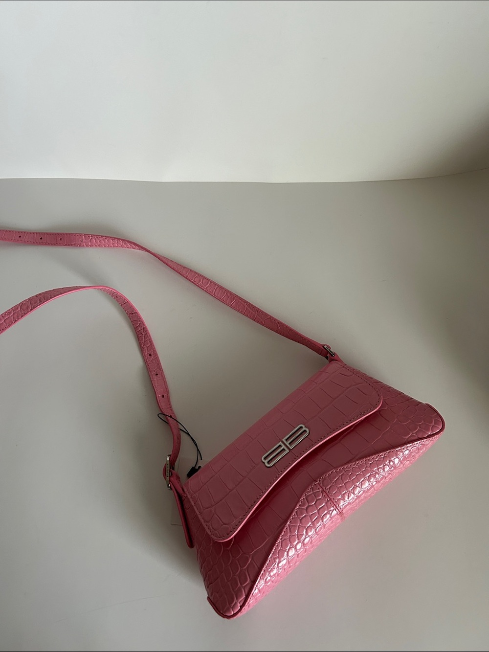Balenciaga Pink Croc-Embossed Crossbody Bag